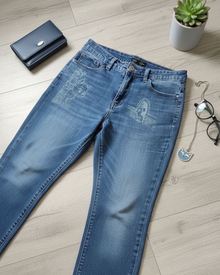 Blue jeans with laser engraved cartoon design on pocket