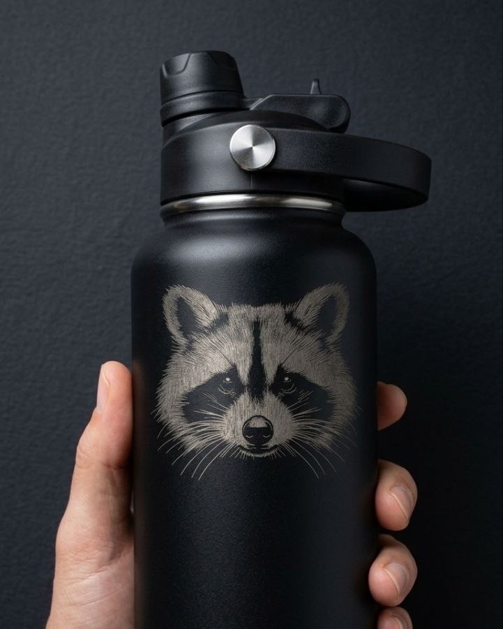 Black water bottle with laser engraved raccoon portrait