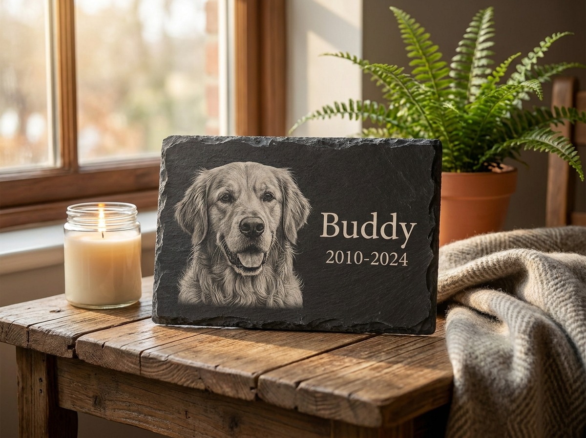 Custom laser engraved pet memorial stone with portrait