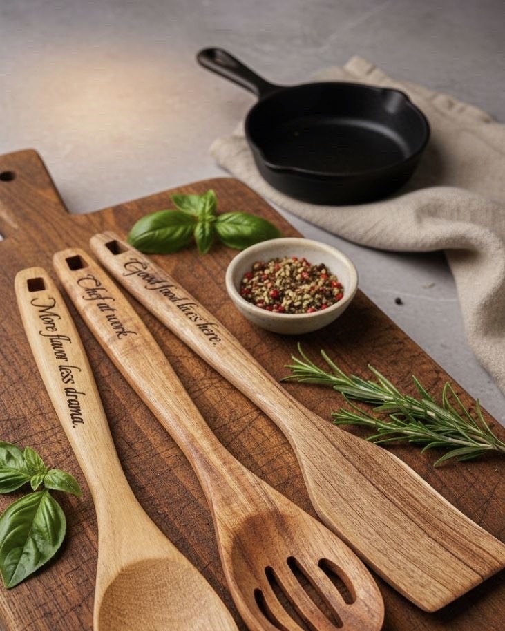 Laser engraved wooden spoons and spatulas with custom text kitchen gift