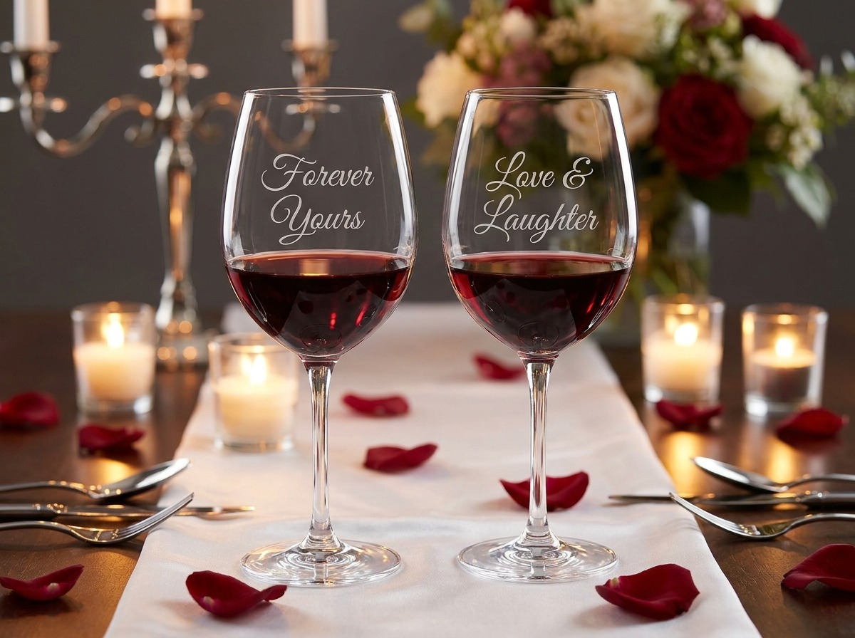 Custom laser engraved crystal wine glasses for wedding and anniversary